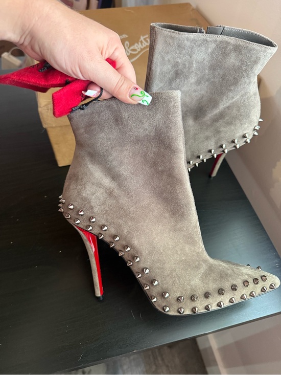 Christian Louboutin Shoes - Christian Louboutin Gray Suede Studded Ankle Boots with Red Sole